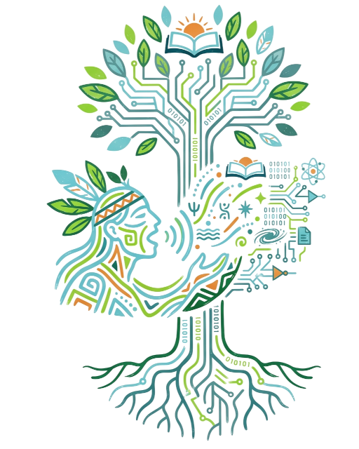 Ilustração do Projeto Nyeera: um vulto sopra um sopro que se transforma em símbolos de conhecimento e circuitos digitais