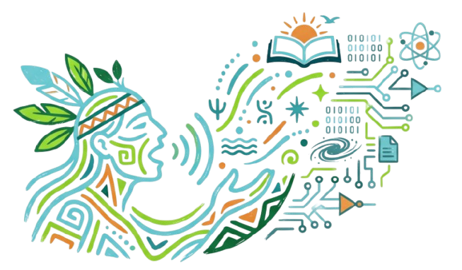 Ilustração do Projeto Nyeera: um vulto sopra um sopro que se transforma em símbolos de conhecimento e circuitos digitais