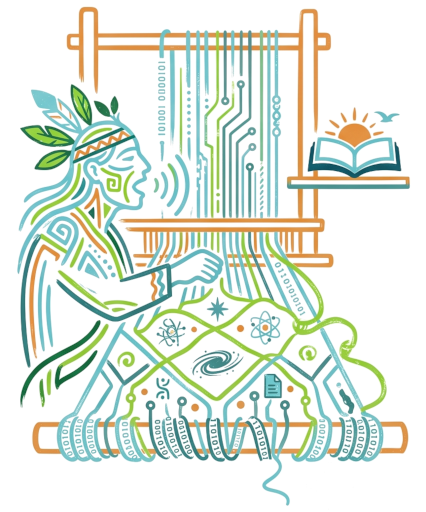 Figura ancestral ilustrada, de perfil, com cocar de folhas e ornamentos, soprando uma palavra que se transforma em ondas sonoras